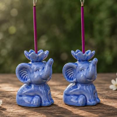 'Lotus-Inspired Blue Ceramic Elephant Incense Holder Pair'