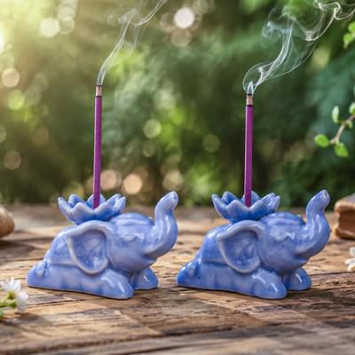 River Sages,'Blue Ceramic Elephant Incense Holders with Crackled Finish'