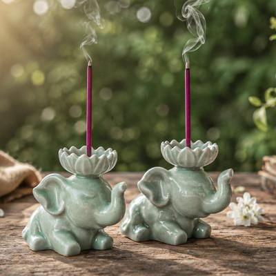 Grand Peace,'Thai-Made Celadon Ceramic Elephant Incense Holder Pair'
