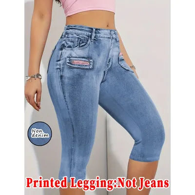 Capris imprimés pour femmes à la mode, design sans couture hautement élastique avec fausses poches, idéal pour les tenues décontractées et sportives