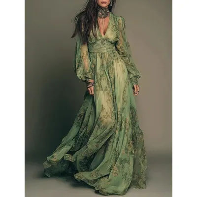 Nouvelle Robe Longue Maxi Bohème d'Été en Mousseline Imprimée Florale Verte Élégante, Col en V Profond Sexy, Taille Haute, pour le Printemps et la Plage