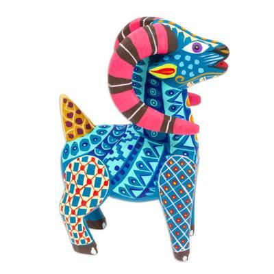 'Copal Wood Alebrije Sheep Figurine Hand-Painted in Azure'