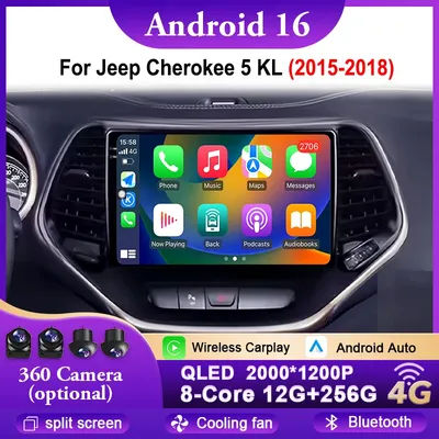 Pour Jeep Cherokee 5 KL 2015-2018, autoradio Android 16, écran GPS, navigation, Carplay, 4G Wifi, Bluetooth, vidéo 2k, autoradio
