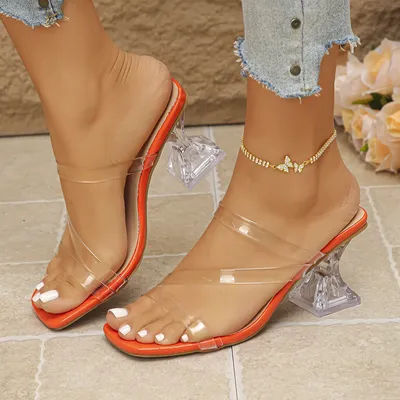 Talons transparents pantoufles femmes été sans lacet chaussures de fête à talons hauts femme Sexy bout ouvert bout carré en forme de talon sandales hautes