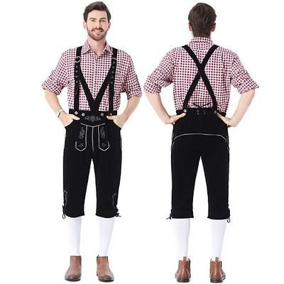 Oktoberfest Bundhosen Completo Lederhosen Lederhosen Lunghezza al ginocchio Ricamato Quadretti rossi Tedesco Alpino Eredità Prati Per uomo Carnevale Festa della birra Panno in stile tradizionale