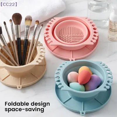 【CC22】3 In 1 Silicone Foldable Makeup Brush Cleaning Bowl Scrub Rinse Cup Drying Holder Painting Brush Washer Organizer{C}