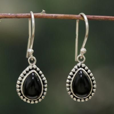 Midnight Inspiration,'Black Onyx Silver Dangle Earrings with Granulation Details'