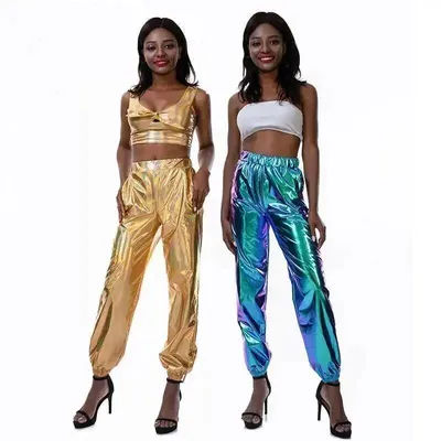 Pantalon de jogging holographique taille haute pour femme, style streetwear, métallisé brillant, réfléchissant, mode hip-hop