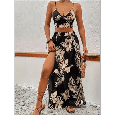 Robe élégante à col en V profond pour femme, ensemble jupe et haut imprimé sans manches, sexy, avec fente haute, tendance, pour l'été