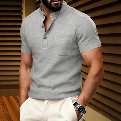 Chemise Henley décontractée à manches courtes pour homme, col montant, boutonnée, avec poche, haut basique uni pour l'été