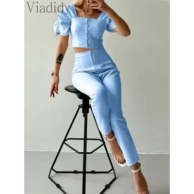 Ensemble 2 pièces décontracté : haut à manches bouffantes et col carré de couleur unie et pantalon taille haute