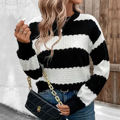 Pull ample et chaud à col rond pour femme, haut tricoté à rayures contrastées noir et blanc, nouvelle collection