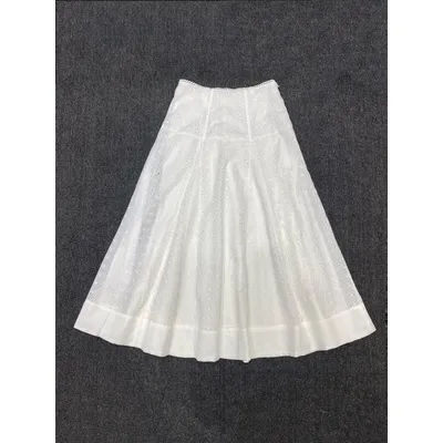 Jupe midi décontractée pour femme, brodée et ajourée, couleur unie, taille haute, coupe trapèze