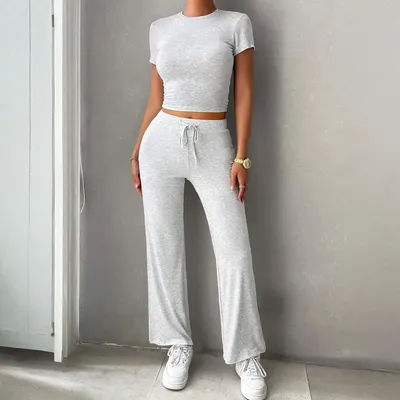 Nouveauté 2026 – Ensemble de détente 2 pièces pour femme : haut court à manches courtes et pantalon large taille haute, survêtement assorti pour l'été et les loisirs