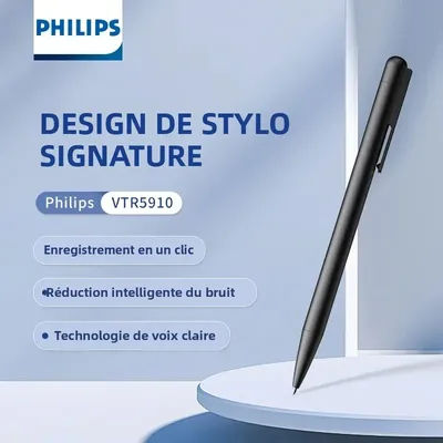 Enregistreur vocal numérique portable Philips VTR5910 avec recharge remplaçable, enregistrement en un clic, stylo enregistreur pour l'enseignement et les réunions