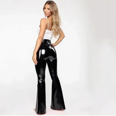 Nouveau pantalon évasé taille haute en similicuir PU pour femme, pantalon brillant tendance, décontracté et stylé pour le streetwear