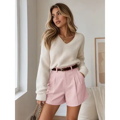 Shorts plissés taille haute en similicuir pour femme, avec ceinture, coupe large, décontractés et élégants