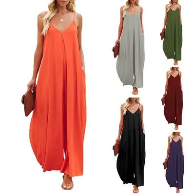 Combinaison Printemps-Été Sans Manches Col V Pantalon Large avec Poches Latérales Salopette Vert Olive Bordeaux Bleu Marine