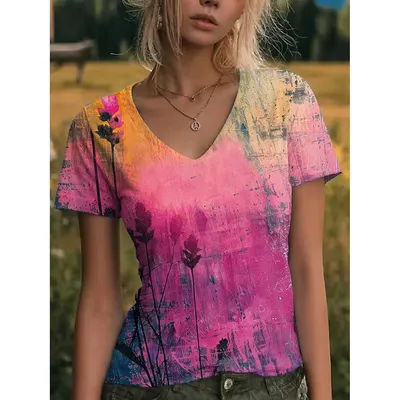 T-shirt classique vintage élégant à col en V et manches courtes pour femme, imprimé, décontracté, coupe régulière, pour le quotidien et les sorties, rose et vert, idéal pour l'été
