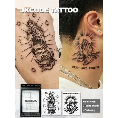 2-Piece Set of Waterproof Semi-Permanent Tattoos, Hand Tattoos, Temporary Tattoos, Sketch Tattoos, Virgin Mary, Prayer and Love, Waterproof, Realistic Fake Tattoos, Plant Tattoos, Hand Tattoos, Magic