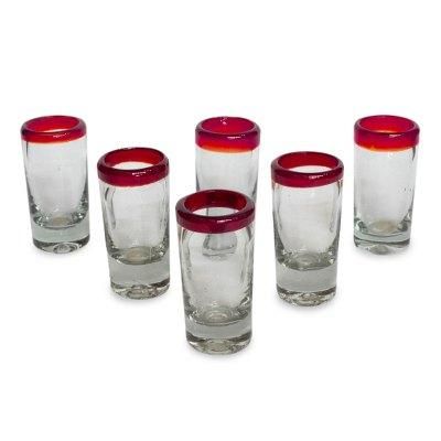 'Ruby Shot' (set of 6) - Hand Blown Tequila Glasses Set of 6 Red Rim Mexico