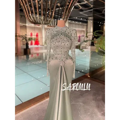 Robe de soirée formelle vert sauge, style sirène Unique, longue traîne, ornée de perles de cristal, robe de bal, haut de gamme, vêtements de fête, nouvelle collection