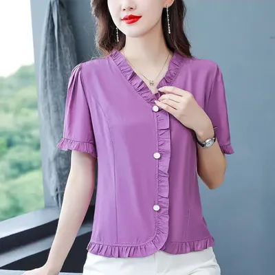 Chemise en mousseline de soie de couleur unie pour femmes, manches courtes, haut Chic avec oreilles en bois français, à la mode, chemise courte rajeunissante, nouvelle collection été