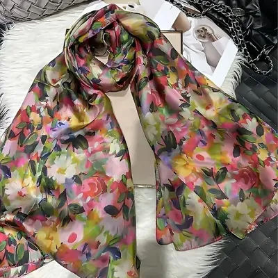 Rose vert hiver longue écharpe en soie accessoires marque conception florale 100% foulard en soie été plage châle en soie Hijab écharpe Bufanda