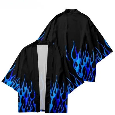 Cardigans de plage Samurai, kimonos amples, hauts de cosplay pour hommes et femmes, capes imprimées flamme bleue