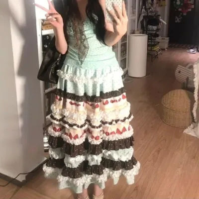 Jupe longue vintage pour femme, style Kawaii Mori Girl Lolita, à volants superposés, à pois, avec nœud, coupe trapèze, vert menthe, mignonne et élégante