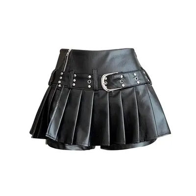 Jupe plissée noire rétro en similicuir pour femme, nouvelle collection automne, taille haute, coupe trapèze