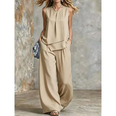 Ensemble 2 pièces pour femme, été, uni, sans manches, haut superposé asymétrique, pantalon taille haute à jambes larges, élégant, décontracté, pour le bureau