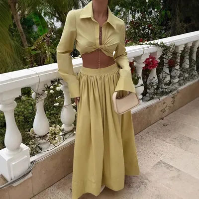 Ensemble deux pièces à col retourné de Style européen/américain, haut court et jupe à manches évasées, nouveau ensemble deux pièces élégant haut de gamme africain