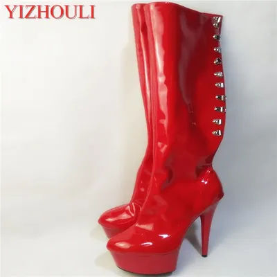Laçage sexy femmes moto bottes 15 cm chaussures à talons hauts tuyau d'acier chaussures de danse sexy clubbing 6 pouces mode genou haute botte