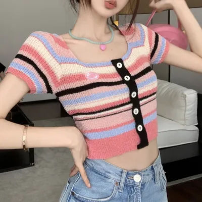 Pull à manches courtes et col carré pour filles, rayé contrasté, haut court Slim à la mode pour femmes