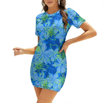 Robe à manches courtes Olowalu Hibiscus Hawaiian Aloha Shirt Print - Bleu et vert citron, robe de soirée élégante, de luxe, pour célébrités