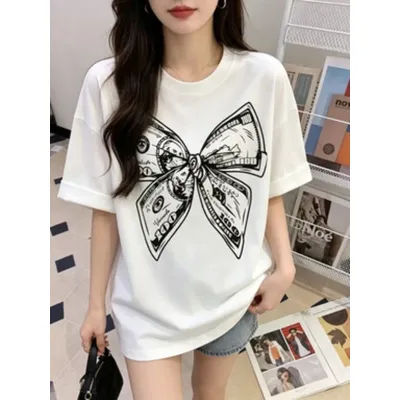 T-shirt tendance d'été à imprimé nœud et col rond, haut à manches courtes pour femme