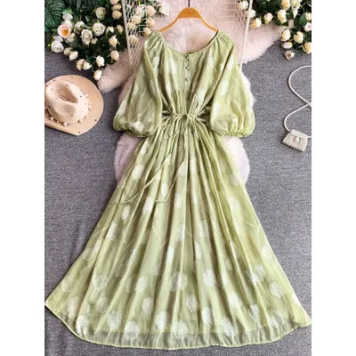 Robe longue verte à épaules dénudées et manches lanternes pour femme, style vacances, vintage, élégante, en jacquard, pour l'été