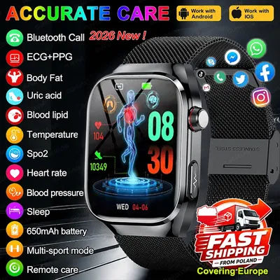 2026 Diagnostique précis AI Smart Watch hommes femmes, ECG + PPG moniteur, lipides sanguins, acide urique, pression artérielle, examen d'organes, appel Bluetooth, analyse de la santé du corps
