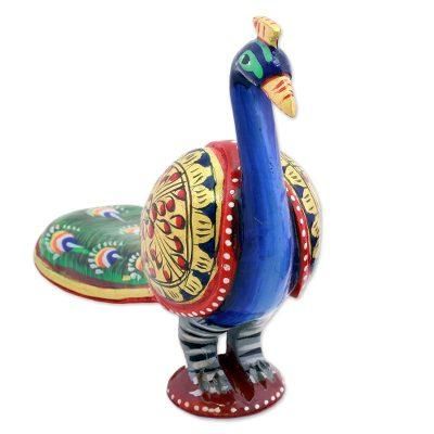 Posturing Peacock,'Hand Carved Multicolored Peacock Figurine from India'