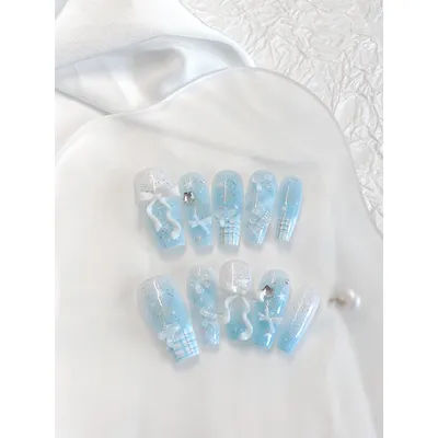 Handmade Baby Blue 3D Ribbon Bow Press On Nails, Long Coffin Kawaii Plaid Glitter Fake Nails,