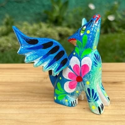 'Blue Teal Hand-Painted Wood Alebrije Figurine of Winged Wolf'