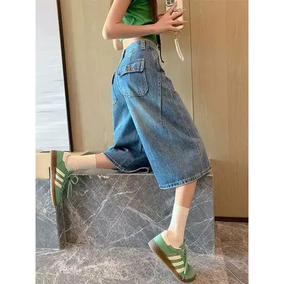 Jean pour femme taille haute, coupe courte, bleu, été, ample, décontracté, style Blade, jambe large, pour petites tailles
