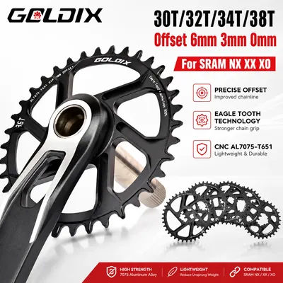 GOLDIX Bicycle Chainring 0/3/6mm Offset Wide Narrow Teeth 30/32/34/36/38T Chainwheel for Sram 3-Bolt Single Disc Bicycle Crank