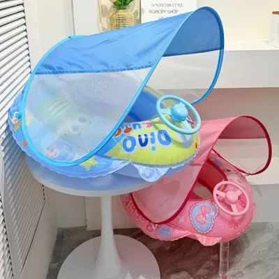 PVC Baby Pool Float with Canopy and Anti-Tip Seat Inflatable Toddler Floaties with Steering Wheel for Toddler Aged 6-36 Months