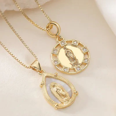 Gold Plated Brass Virgin Mary Pendant Necklace Shell Cubic Zirconia Our Lady Medallion Charm Religious Faith Women Daily Jewelry