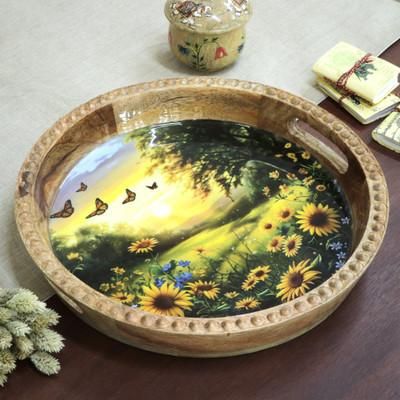 'Morning Landscape-Themed Resin-Coated Wood Tray from India'