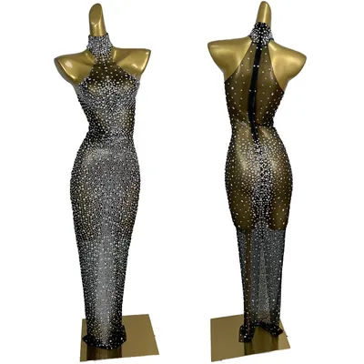 Robe longue transparente sexy avec strass, pour femmes, soirée en club, bar, tapis rouge, spectacle sur scène, sans manches, robe de soirée Jianbian