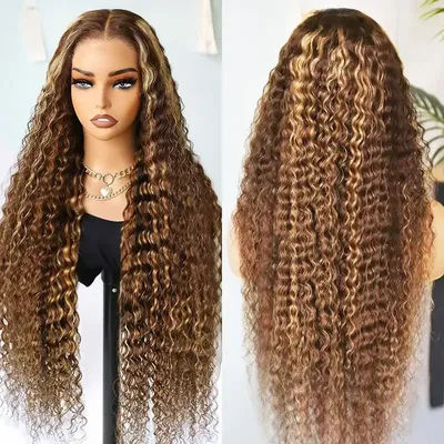 Smilegirl 4/27 Highlight Deep Wave Virgin Human Hair Wig 13x4 HD Transparent Lace Front Pre Plucked Baby Hair Brazilian Remy Hair 180% Density Honey Blonde Curly Lace Frontal For Black Women Daily