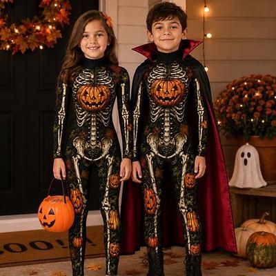 Halloween Tuta intera Body Zucca Scheletro completo del corpo Scheletro Zíper Traseiro Stampa Jack O Lantern Gotico Sinistro Unisex Costume per Club Festival Musicale Feste Halloween Carnevale